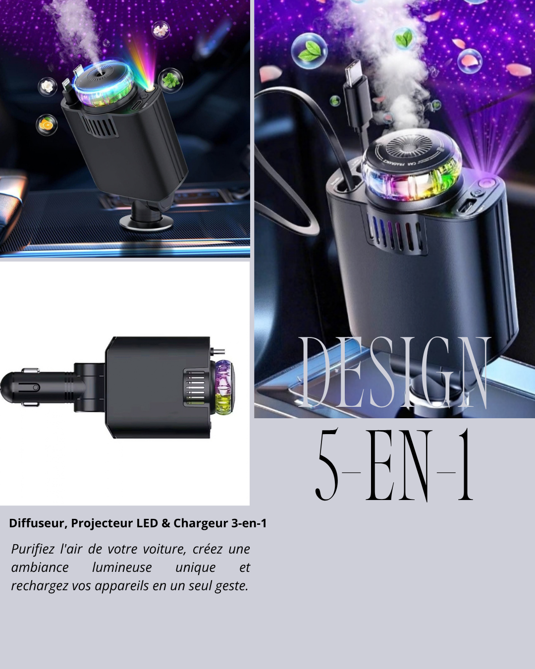 Diffuseur d'Aromathérapie pour Voiture avec Projecteur d'Ambiance LED & Chargeur Intégré