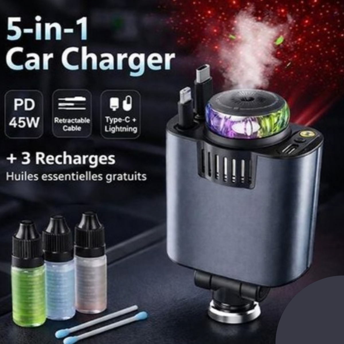 Diffuseur d'Aromathérapie pour Voiture avec Projecteur d'Ambiance LED & Chargeur Intégré